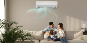 Família com ar-condicionado gelado em sua sala de estar