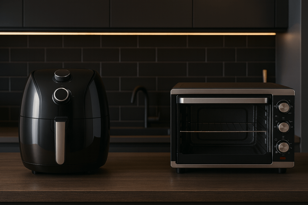 Air fryer e forno elétrico lado a lado em uma cozinha moderna e minimalista em tons pretos.