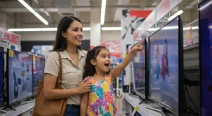 Mãe latina e filha comprando uma TV