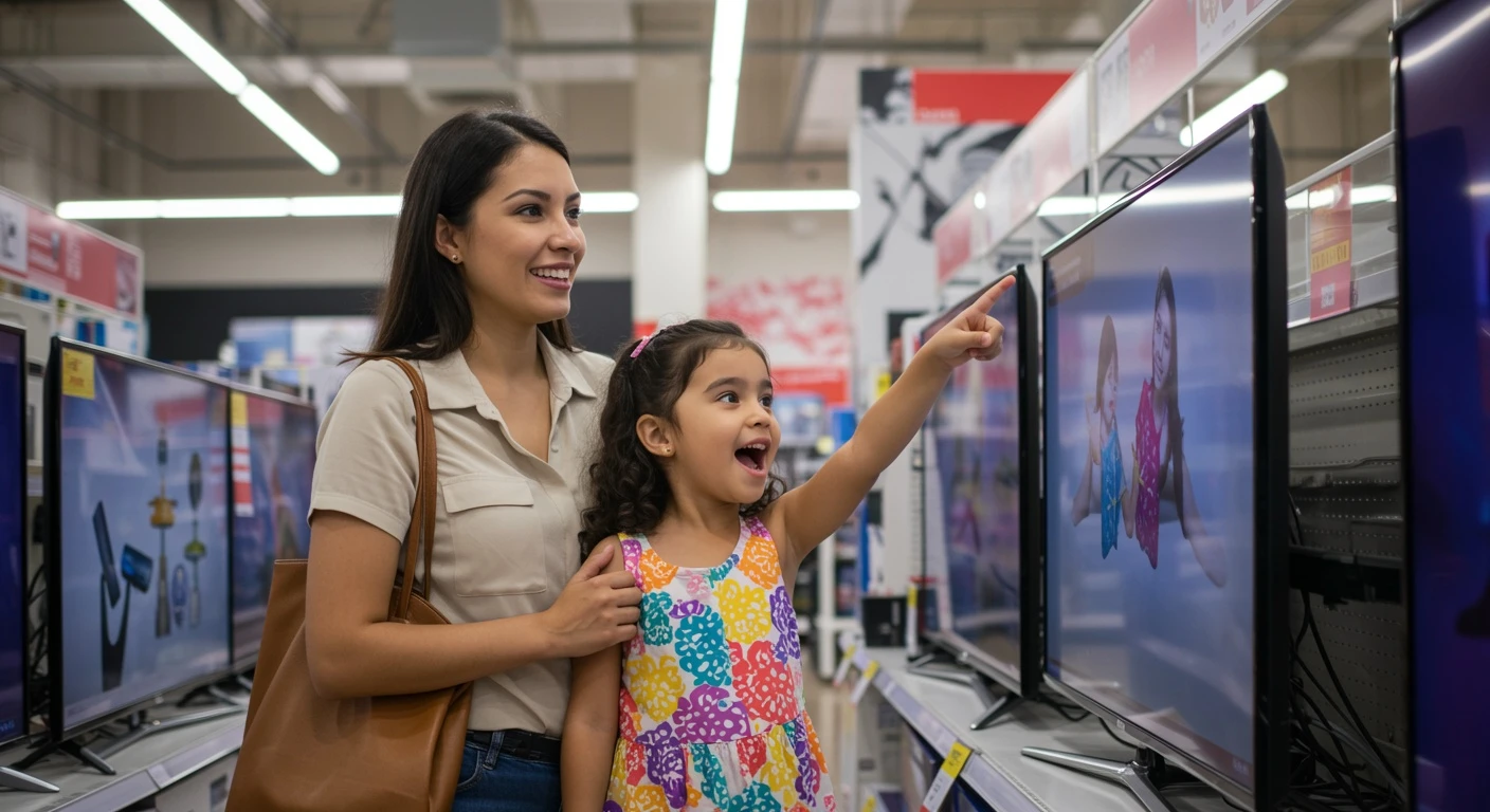 Mãe latina e filha comprando uma TV