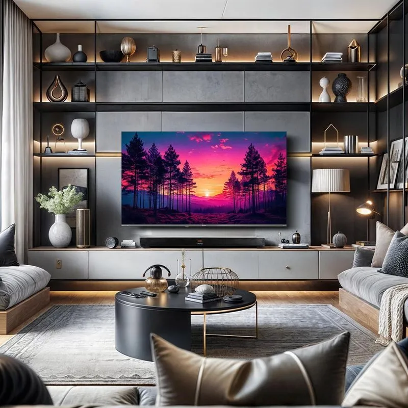 Smart TV Philco 60 polegadas P60CRA QLED com Roku TV em sala ampla com painel iluminado e decoração contemporânea