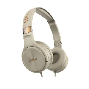 Fone de ouvido headphone Philco Extreme com fio PFO02G na cor bege e detalhes dourados, modelo supra-auricular com design Wave e cabo de conexão estável para alta fidelidade sonora.
